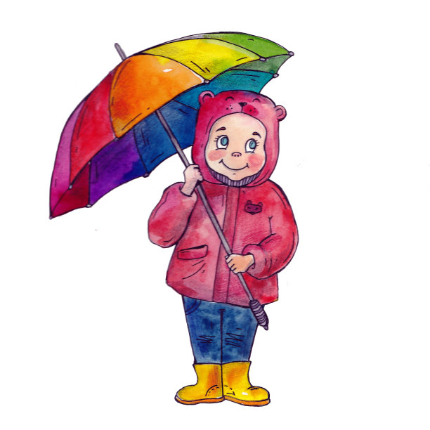 孩子的插图一个孩子拿着一把伞，一把彩虹色的伞图片下载