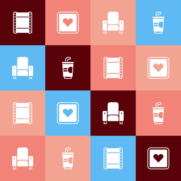 设置流行艺术播放视频，喜欢的心，电影院椅子和纸玻璃与水图标。向量图片下载