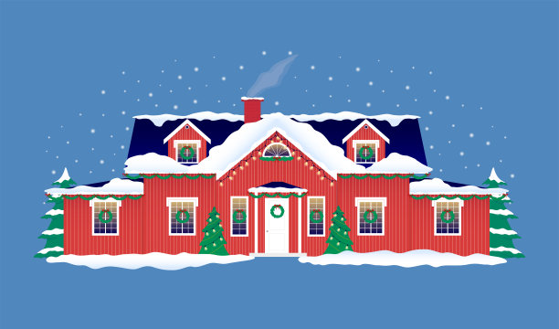红色的圣诞屋和圣诞树。新年和圣诞节的装饰建筑。节日和庆典，冬夜。贺卡海报。用花环装饰房子。矢量插图。图片下载