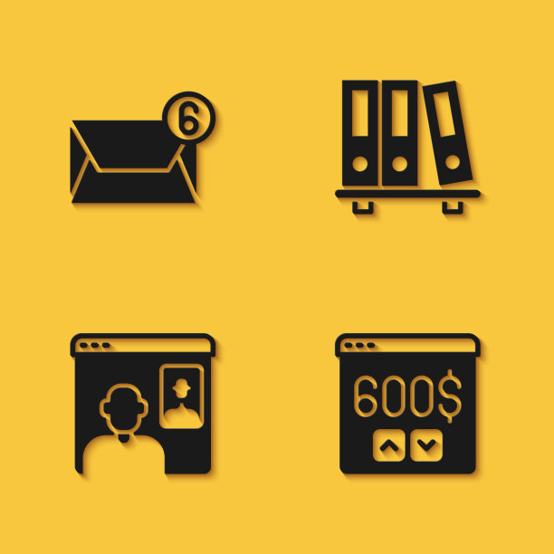 设置邮件和电子邮件，监控与美元，视频聊天会议和办公室文件夹图标与长影子。向量图片下载