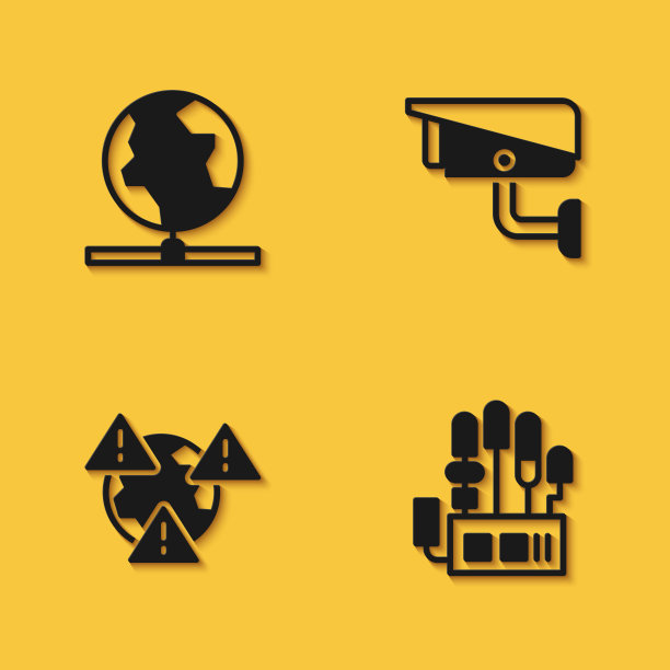 设置全球技术，机械机械手，地球感叹号和安防摄像机图标长阴影。向量图片下载