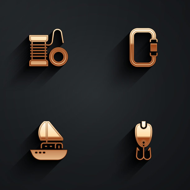 设置纺纱机捕鱼，钩，游艇帆船和鱼饵图标与长影子。向量图片下载