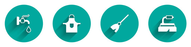 设置水龙头，厨房围裙，扫帚柄和刷子清洁图标长影子。向量图片下载