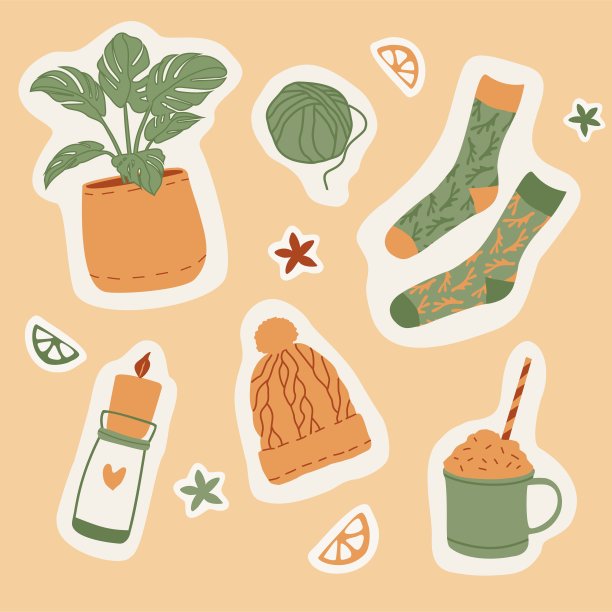 hygge元素的集合。温暖舒适的图标。矢量插图。图片下载