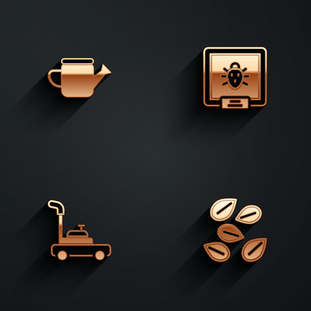 设置浇水罐，科罗拉多甲虫，割草机和种子的特殊植物图标与长阴影。向量图片下载