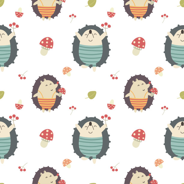 无缝图案蘑菇和树叶，森林主题，儿童图案，打印。矢量图图片下载