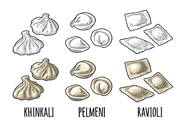 Khinkali、馄饨、水饺。传统的俄罗斯，格鲁吉亚，意大利食物。复古彩色矢量雕刻图片下载