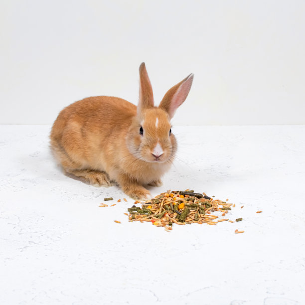 红发姜兔坐在白色背景下的食物旁边图片下载