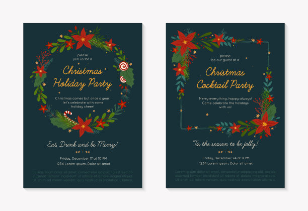 一套圣诞和快乐新年派对邀请模板图片下载