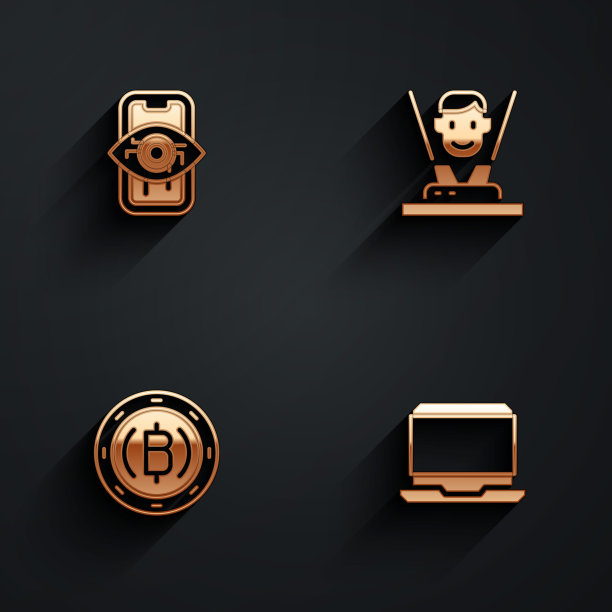 设置计算机视觉，全息图，加密货币硬币比特币和笔记本电脑图标与长阴影。向量图片下载