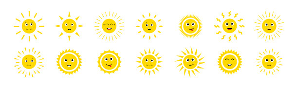 表情符号卡通太阳平图标。涂鸦阳光可爱的快乐阳光的脸。矢量插图eps 10图片下载
