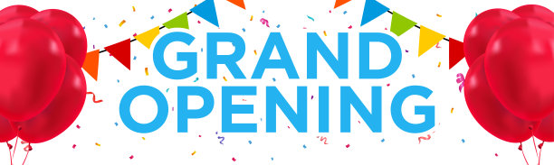 盛大的开幕式邀请横幅上有红色的气球和彩色的纸屑。开幕式海报模板设计。矢量插图eps 10图片下载