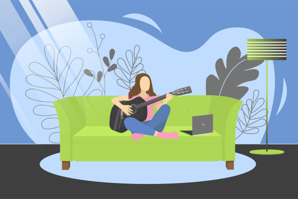 矢量插图与一个女孩坐在沙发上和弹吉他。图片下载