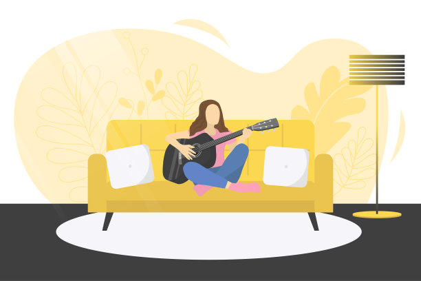 矢量插图与一个女孩坐在沙发上和弹吉他。图片下载