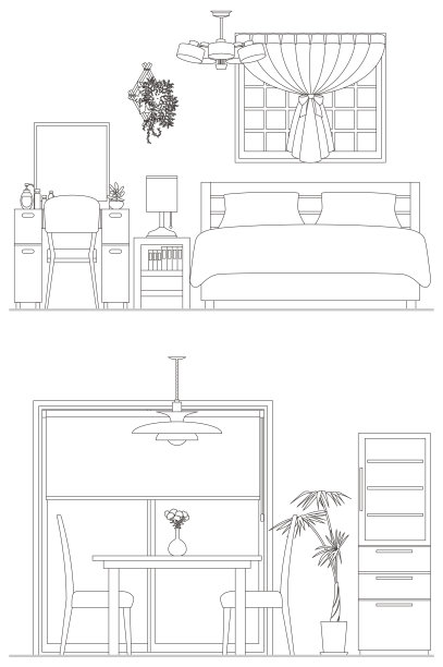 线条绘制矢量说明的内部。餐厅和卧室。图片下载