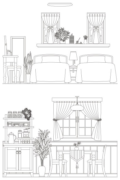 线条绘制矢量说明的内部。餐厅和卧室。图片下载