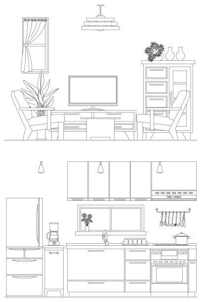线条绘制矢量说明的内部。厨房和客厅。图片下载