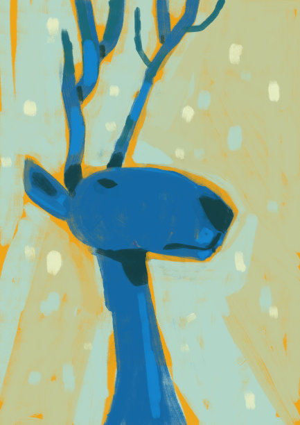 在雪下观察到一只柔和的蓝鹿。舒缓宁静的绘画，艺术作品动物艺术和人物。色彩浓烈的水粉画。照片的海报图片下载