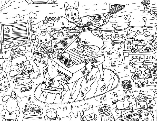 明亮的卡通兔子和动物朋友一起享受大钢琴音乐表演儿童涂色页插图2021图片下载