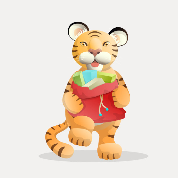 快乐的老虎性格拿着圣诞袋装着礼物。图片下载