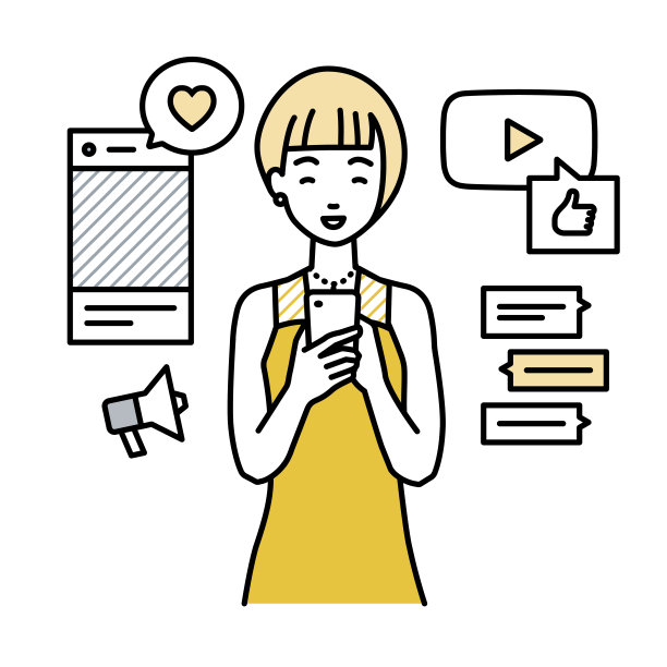 一名身着长裙的女子正站在各种社交网络和聊天工具上，看着手中的智能手机图片下载