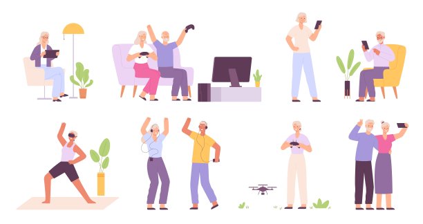 老年人喜欢电子产品、使用手机、跳舞和玩耍。戴着虚拟眼镜的老妇人。积极进步的祖父母向量集图片下载