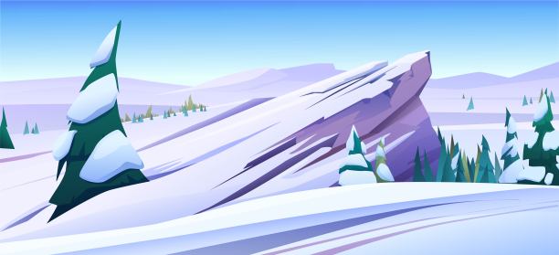 山地冬季景观与雪树。矢量图图片下载