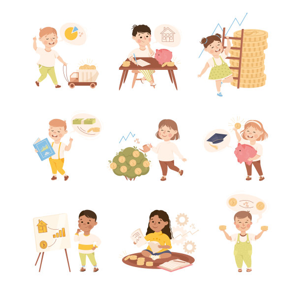 参与经济教育和金融素养的小孩子学习储蓄和投资的钱向量集图片下载