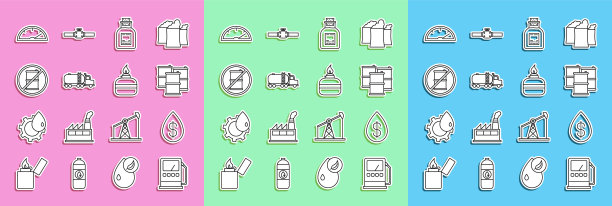 设置线汽油或加油站，石油下降与美元，桶油，汽油试管，油罐车，没有桶汽油，速度计和酒精酒精燃烧器图标。向量图片下载