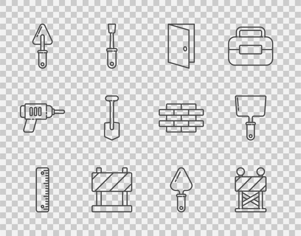设置线尺，道路障碍，关闭的门，铲子，铲子，和油灰刀图标。向量图片下载