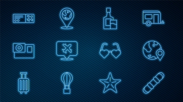 设置线滑雪板，位置在地球上，威士忌酒瓶和玻璃，演讲气泡与飞机，行动相机，机票，心形的爱情眼镜和图标。向量图片下载