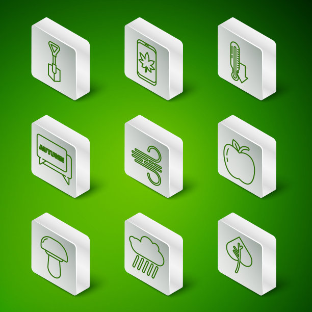 设置线叶或叶，云与雨，铲，风，语音泡沫文字秋天，手机上，蘑菇和苹果的图标。向量图片下载