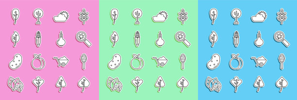 设置线叶子或叶子，蜂蜜勺棒，放大镜与叶子，太阳和云天气，玉米，和洋葱图标。向量图片下载