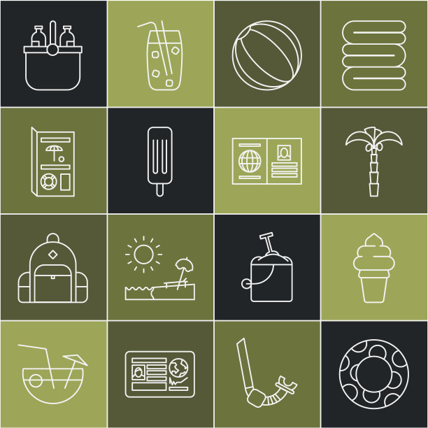 橡胶游泳圈，冰淇淋华夫蛋筒，热带棕榈树，沙滩球，旅游手册，冷饮袋和水和护照图标。向量图片下载