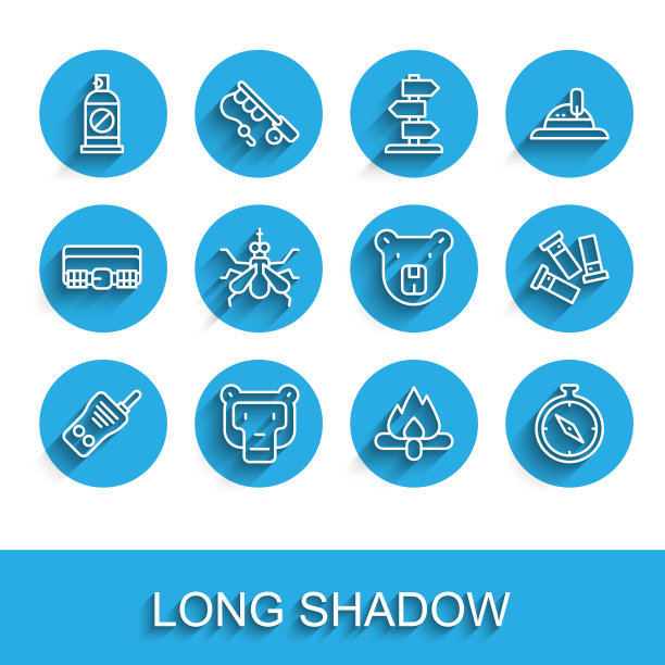 设置线对讲机，猴子，喷雾针对昆虫，营火，指南针，蚊子，子弹和熊的头图标。向量图片下载