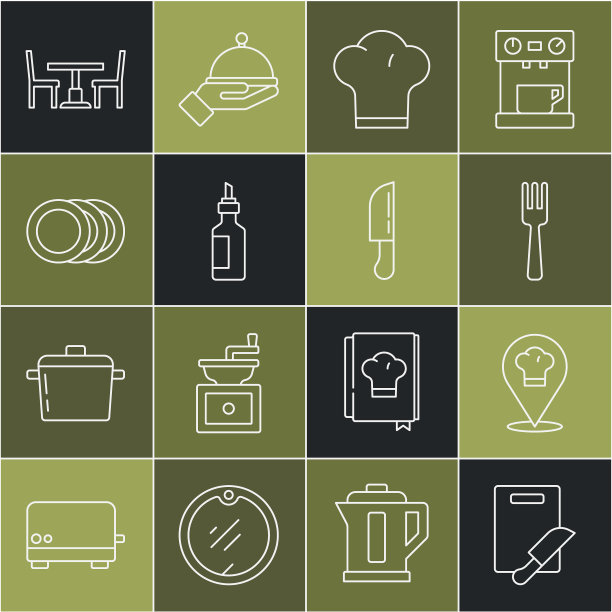 设置线条切菜板和刀，厨师帽与位置，叉子，橄榄油瓶，盘子，木制桌椅和刀图标。向量图片下载