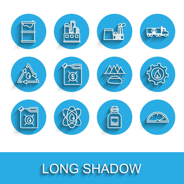 设置线筒为电机机油，原子，桶泄漏，石油汽油试管，速度计，工业厂房和油田图标。向量图片下载