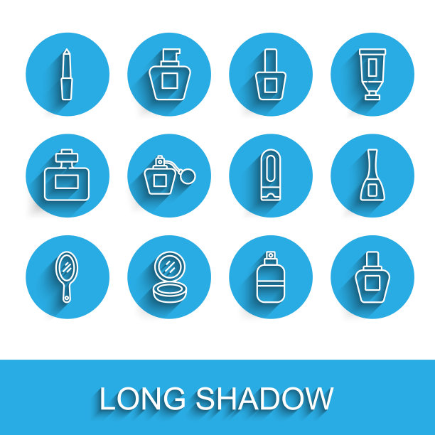 手镜，化妆粉，指甲锉，香水，指甲油瓶和洗发水瓶图标。向量图片下载