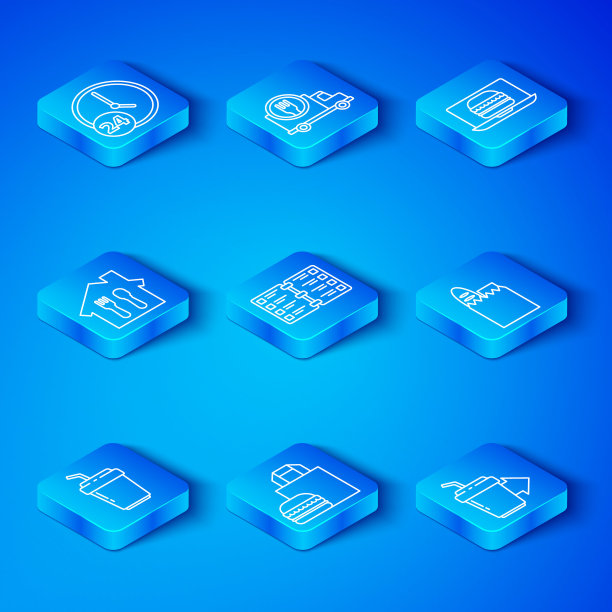 设置线咖啡杯去，餐厅咖啡菜单，网上订购汉堡送货，购物袋和食品，24小时和图标。向量图片下载