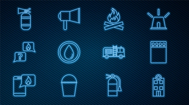 设置线医疗医院大楼，打开火柴盒和火柴，篝火，水滴，紧急呼叫911电话，灭火器，卡车和扩音器图标。向量图片下载