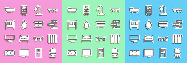 设置线马桶，暖气散热器，书架与书籍，台灯，镜子，婴儿床摇篮床，浴缸和抽屉柜图标。向量图片下载
