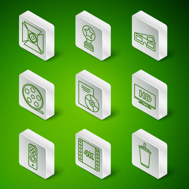 设置线纸玻璃与水，4k电影，磁带，框架，电影聚光灯，CD或DVD磁盘，电影卷轴，奖杯，遥控和智能显示高清视频图标。向量图片下载