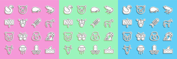 设置线海浪中的鱼翅，金刚鹦鹉，马，刺猬，犀牛，动物园公园，天鹅鸟和鱼的骨骼图标。向量图片下载