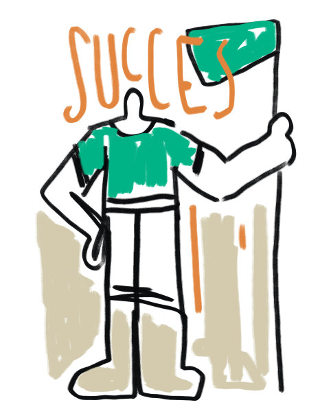 怪异的角色升起旗帜，成功并获得。“成功”的标题用橙色、涂鸦和大胆的线条艺术。色彩和谐的创新油画。概念公告图片下载