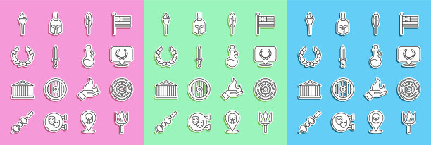 设置线海神三叉戟，牛头怪迷宫，月桂花环，羽毛笔，中世纪剑，火炬火焰和橄榄油图标瓶。向量图片下载