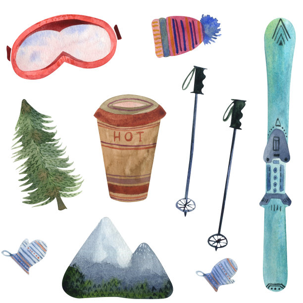 关于滑雪假日的水彩画元素在山上与天空，热饮料杯，滑雪棒，帽子，眼镜，松树，山，手套图片下载