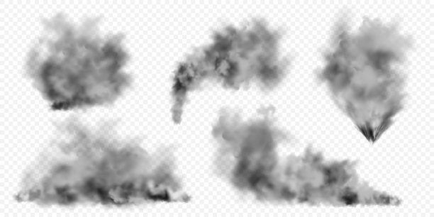 真实的黑烟云。燃烧物体产生的烟流。透明的雾的效果。矢量设计元素图片下载