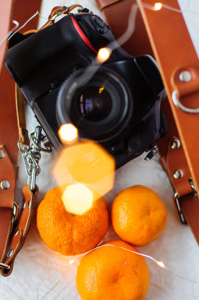 照片相机，皮带，橘子和圣诞灯的白色背景。图片下载
