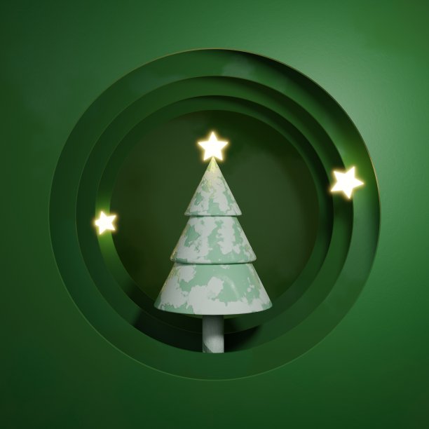 3D圣诞树和星星与圆形剪纸的概念。冬季景观背景为圣诞快乐和新年快乐的介绍。3 d渲染插图。图片下载