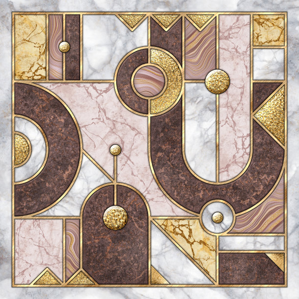 抽象艺术装饰墙纸。几何背景与组合马赛克镶嵌。混合瓷砖与人造大理石石材纹理和闪亮的金属箔。玫瑰金白色花纹图片下载
